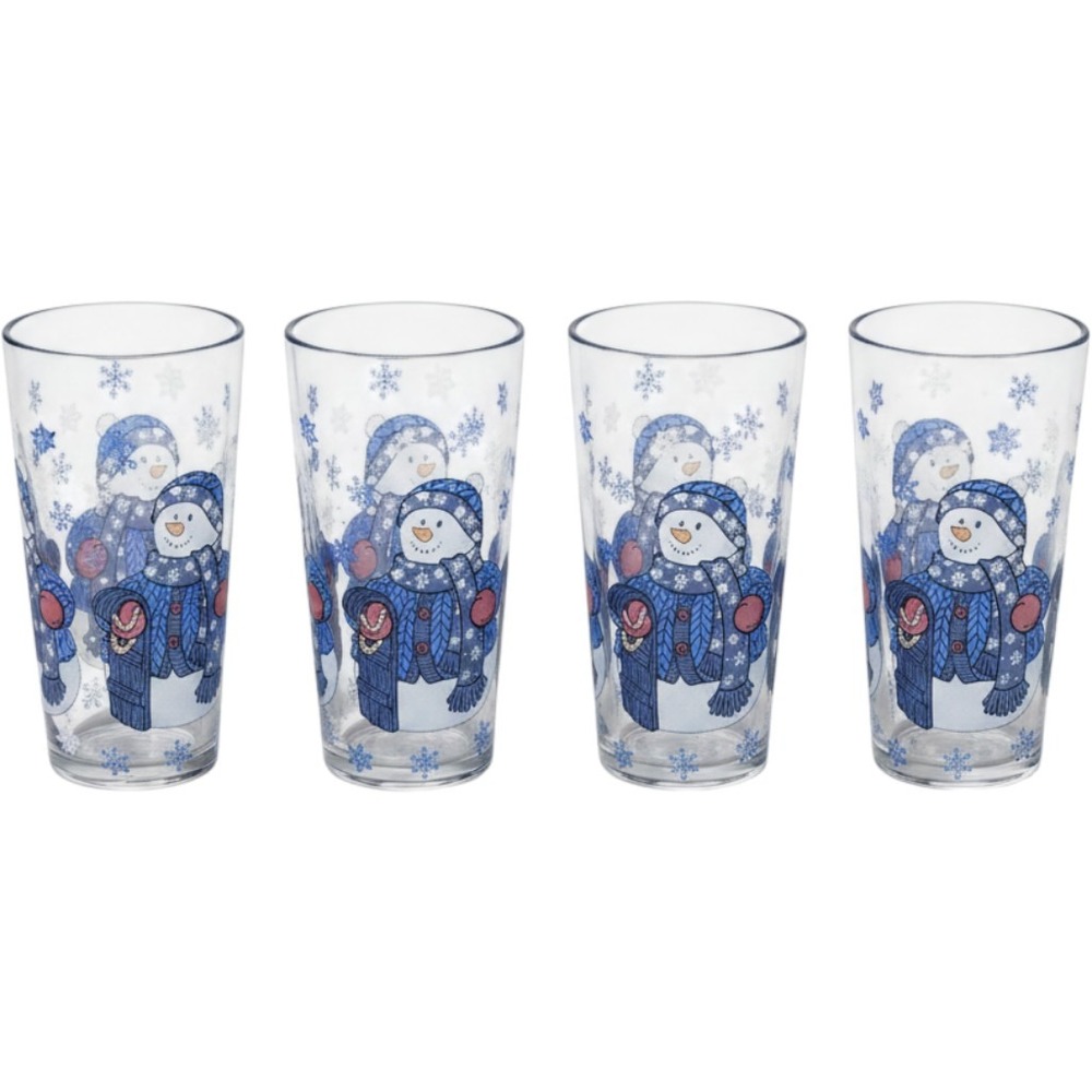 KIG Indonesia Snowman Christmas Glasses Set of 4 Blue‎ White Winter Highball 6in